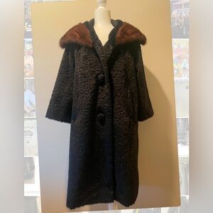Vintage Retro Faux Persian Genuine Mink Fur Collar Button Coat